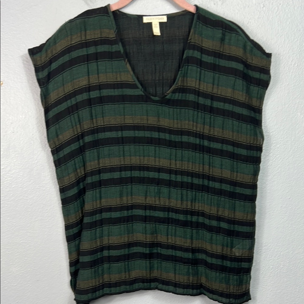Eileen Fisher Cap Sleeve Organic Cotton Blend Gauze Black Green Stripe Top XXS